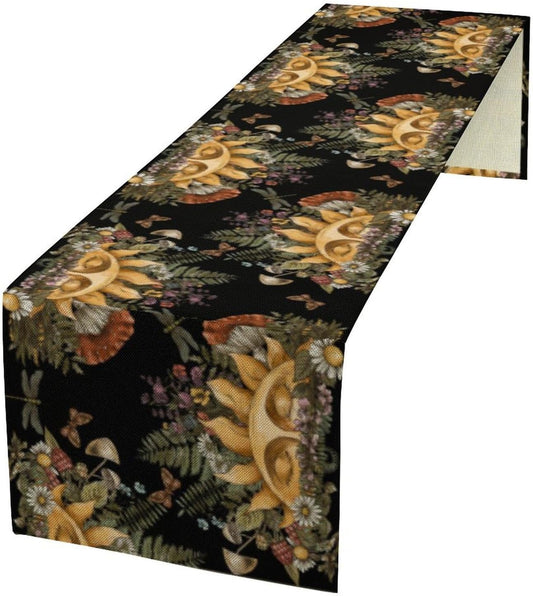 Sun Moon Table Runner, Bohomian Mushroom Daisy Table Gothic Dragonly Butterfly Table Center Decor Table Runner for Indoor Outdoor Party Kitchen Dinner Black, 13x60 Inch