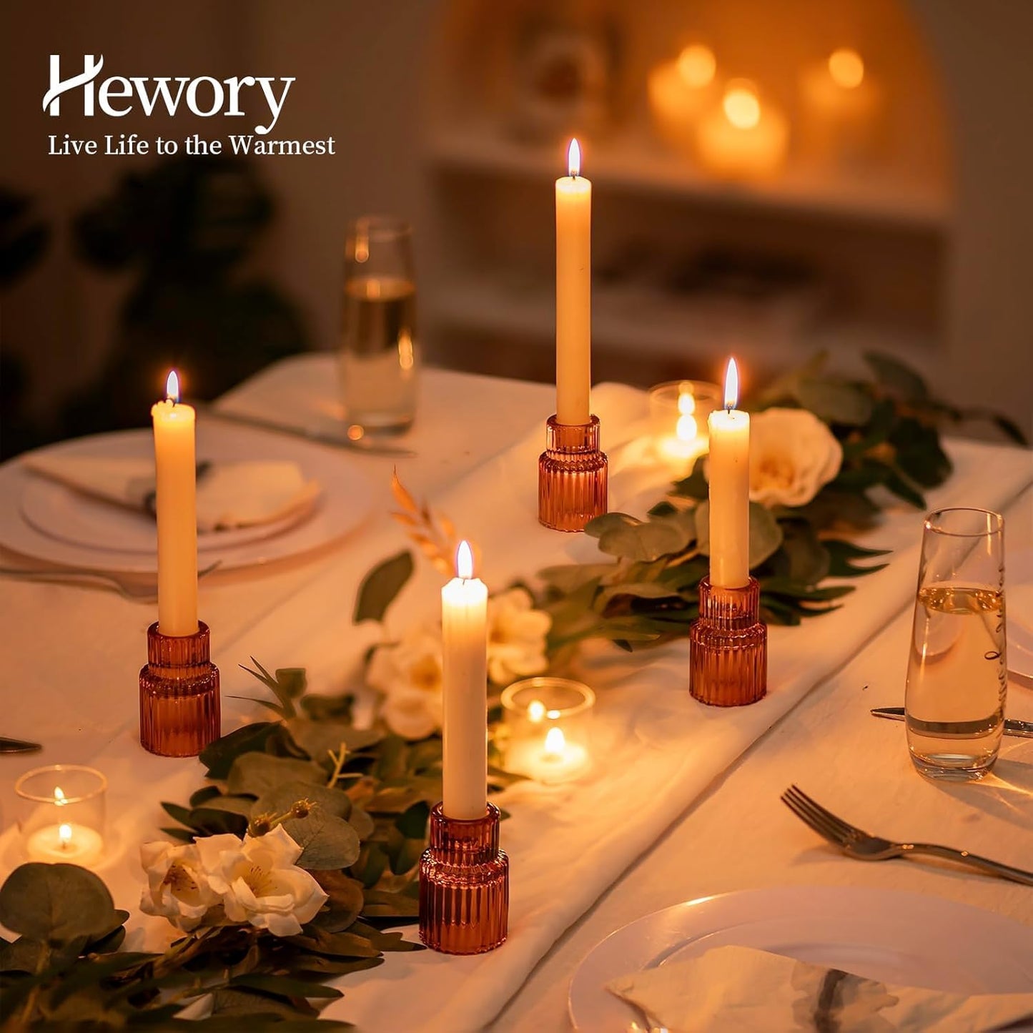 Hewory Glass Taper Candle Holders: 10 PCS Amber Elegant Candle Holder Candlestick Holders Bulk, Ribbed Glass Candle Holder Candle Sticks Holder Decor for Table Centerpiece Fall Thanksgiving Home Decor