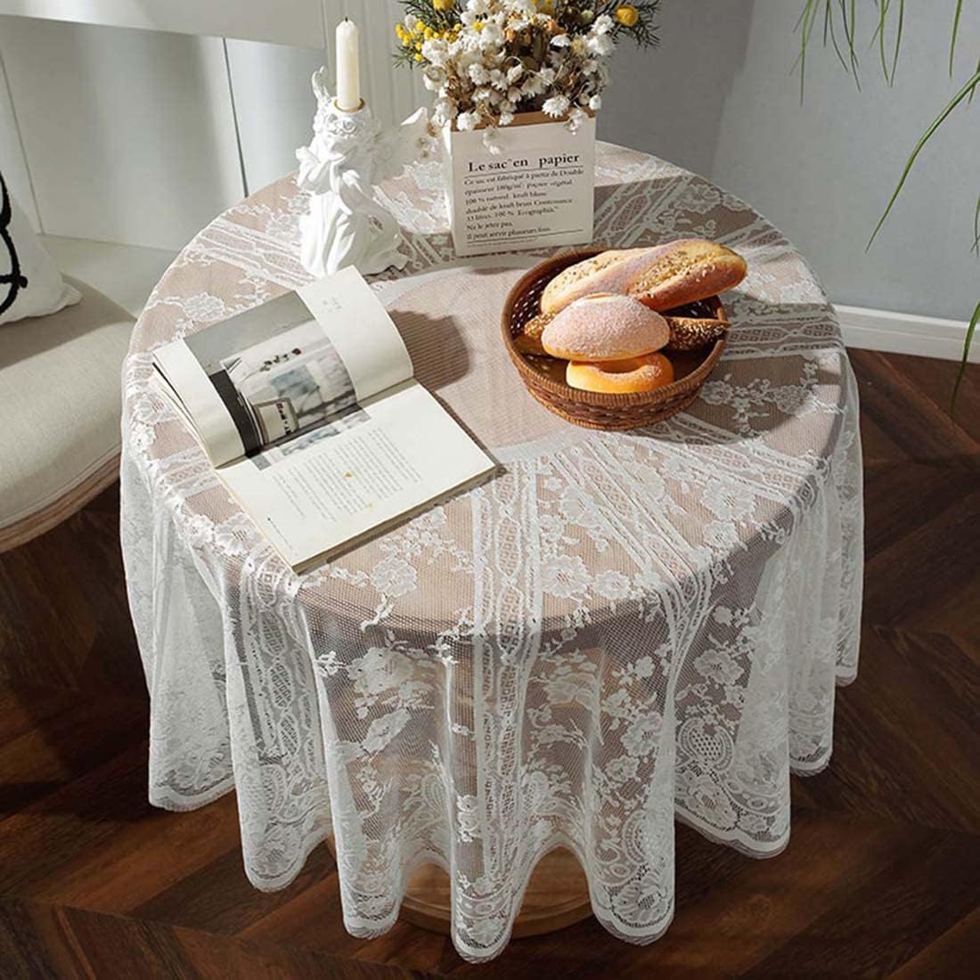 Vintage 60 inch White Lace Tablecloth Floral Embroidered Boho Shabby Chic Small Table Cover for Wedding Halloween Party Dinning Holiday, 1 Piece