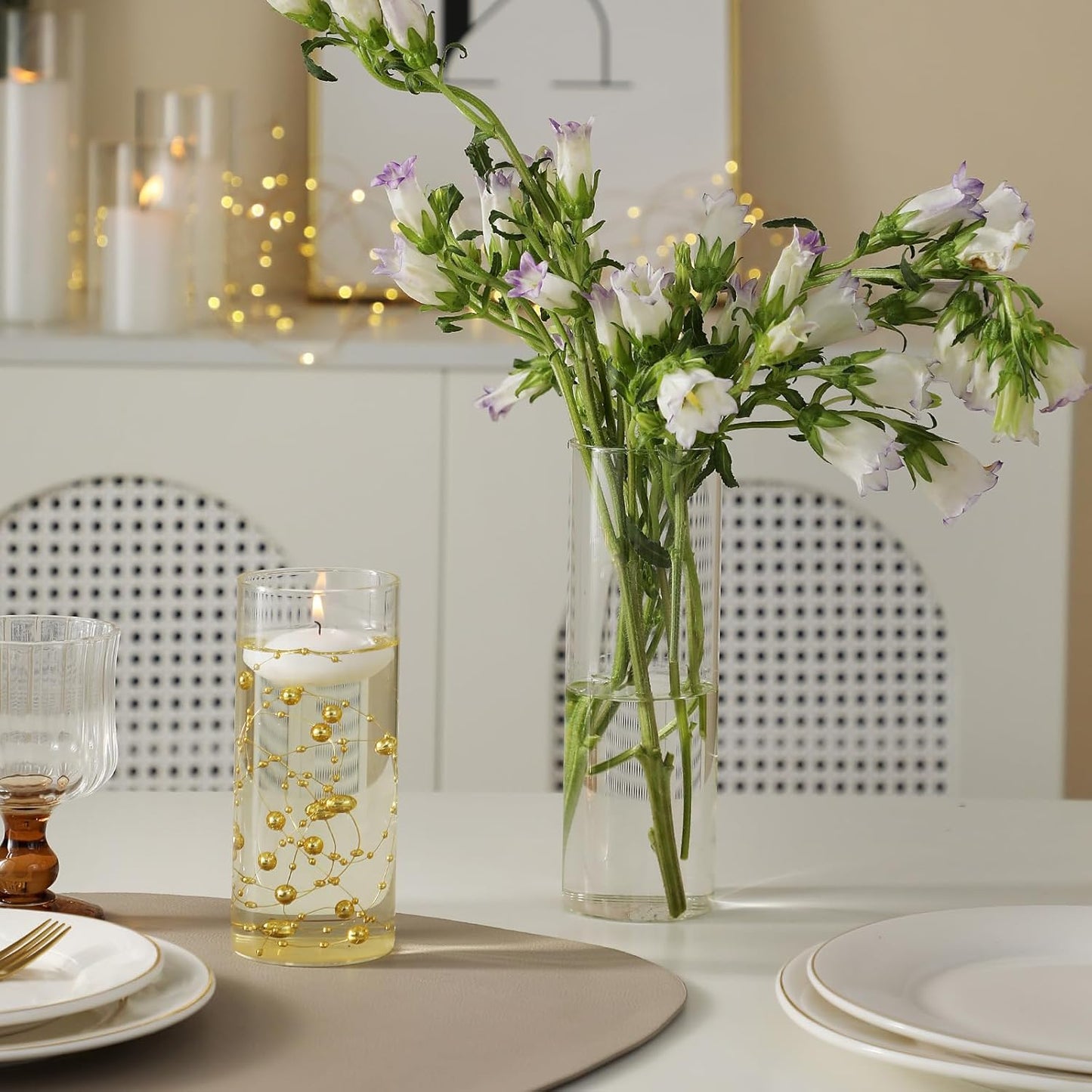 Set of 6 Glass Cylinder Vases for Centerpieces with 4 Pack Vase Filler 6 Pearl String 12 White Floating Candles for Centerpieces, Center Pieces for Table Wedding Party Home Decor 5, 6, 8 Inch