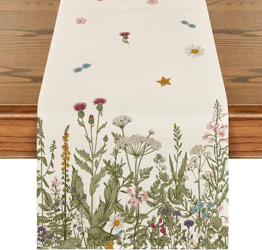 Artoid Mode Antique Herbs and Wild Flowers Summer Table Runner, Spring Fall Kitchen Dining Table Decoration for Home Party 13x72 Inch