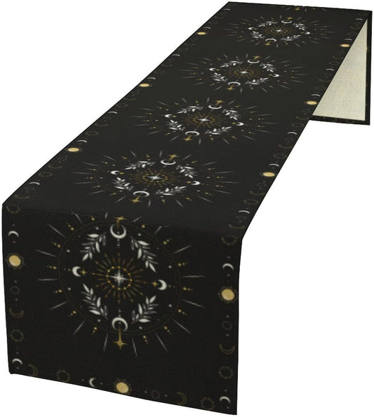 Sun Moon Table Runner, Magical Leaves Mysterious Western Traditional Elements Black White Table Runner for Party Living Room Home Kitchen Dinner Table Runner 13x120 Inch