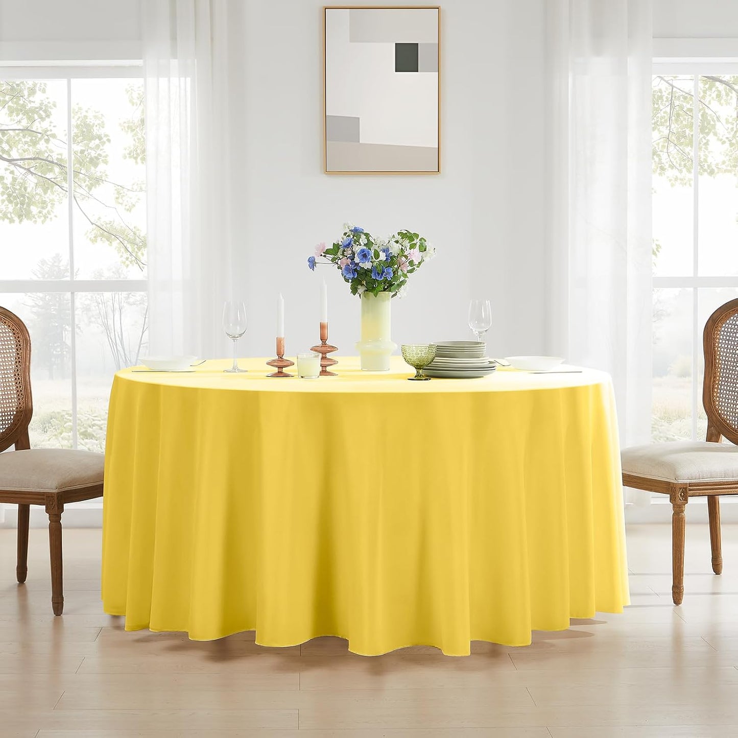 Round Tablecloth 6 Pack 90 Inch Yellow Tablecloths Washable Decorative Linen Polyester Table Clothes Cover for Dining Table Banquets Buffet Parties and Wedding