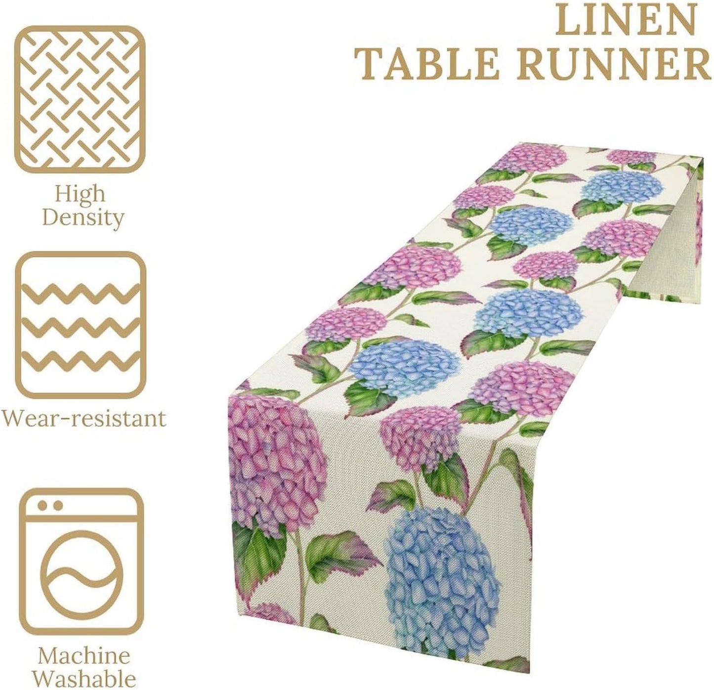 Spring Hydrangea Flower Table Runner, Seasonal Summer Plants Watercolor Pink Purple Florals Dinner Runner for Home Kitchen Dining Table Party Holiday Decoration 13"x108"