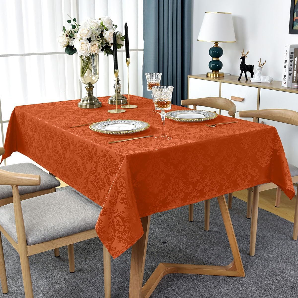 Jacquard Tablecloth Rectangle 52 x 70 Inch, Waterproof Stain Resistant Damask Autumn Table Cloth, Soft Polyester Table Cover for Fall, Harvest, Thanksgiving, Holiday, Rusty/Orange