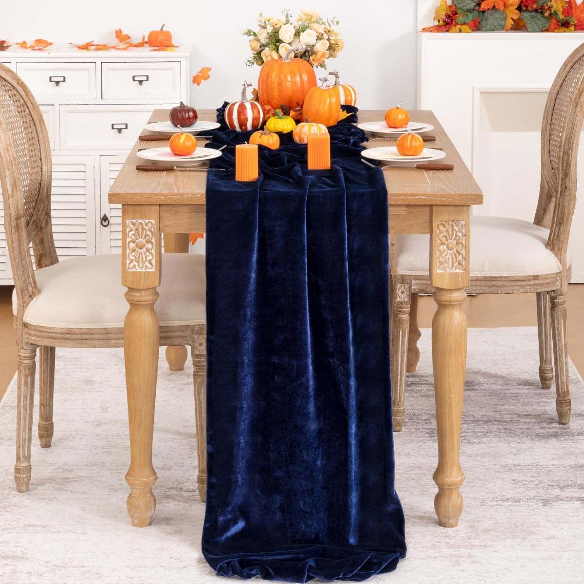 Navy Blue Velvet Table Runner Fall Thanksgiving Navy Table Runner 20 x 120 Inch Luxurious Elegant Velvet Fabric Friendsgiving Table Decorations for Christmas Dinner Wedding Bridal Baby Shower
