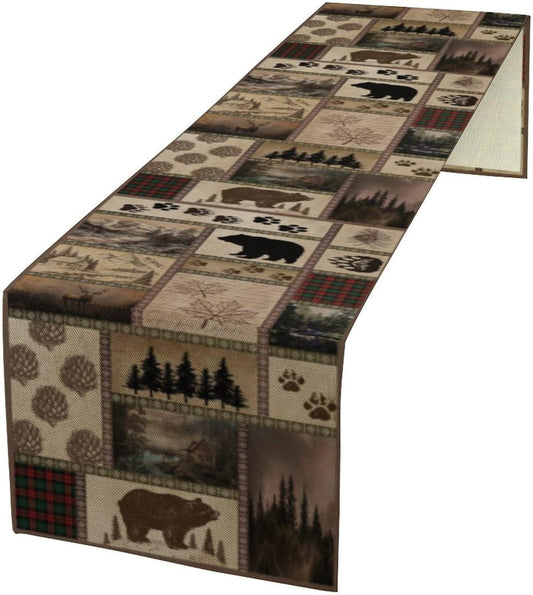 Retro Rusticd Cabin Table Runner Bear Country Farmhouse Vintage Lodge Table Runner for Party Dinner Festival Bedroom Living Room Kitchen 13x108 Inch