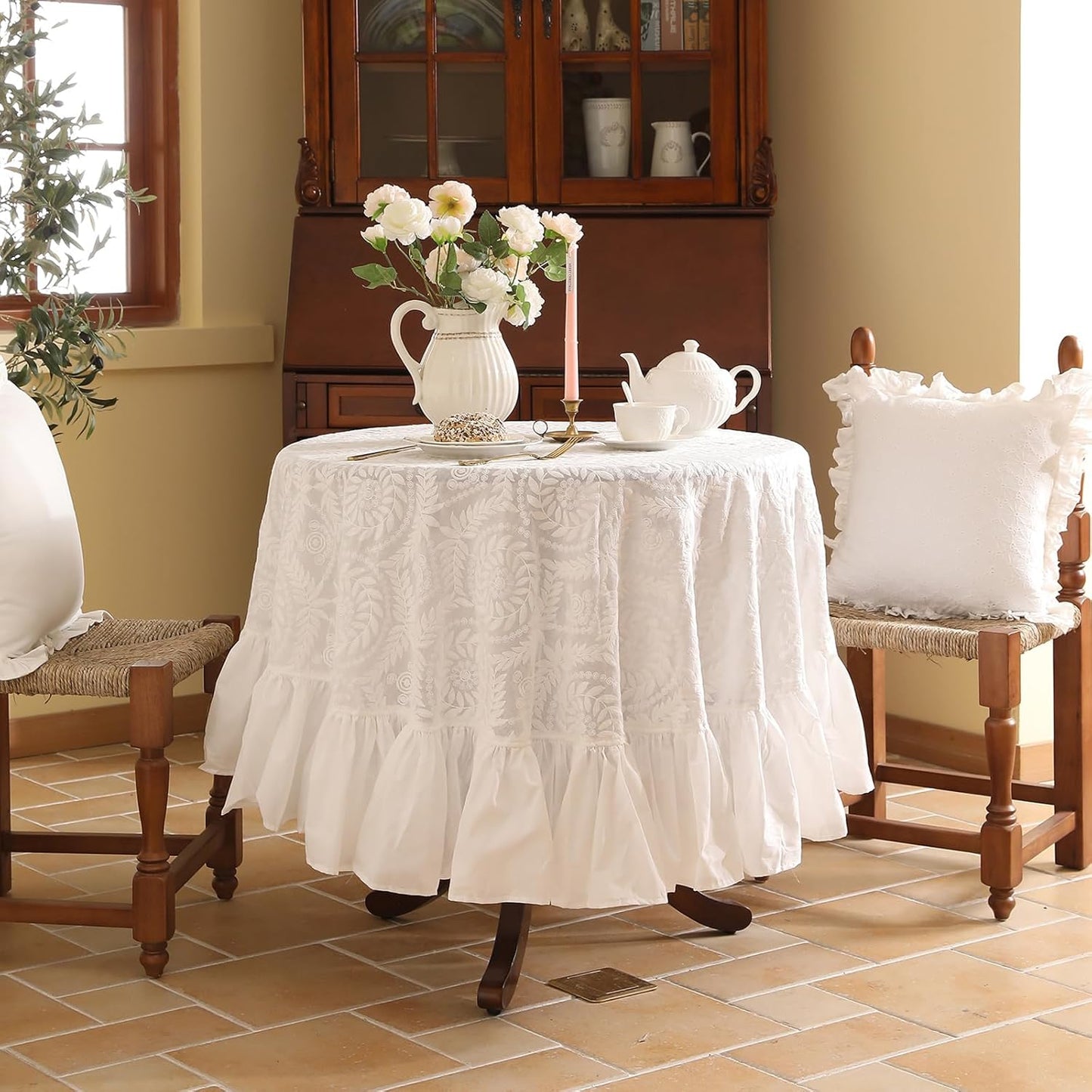 patdrea Vintage Ruffle Tablecloth for Round Tables,Farmhouse Embroidered Cotton White Lace Table Cloth Cover Decor for Dining Room Wedding Banquet Thanksgiving Christmas,Dimaeter 67"