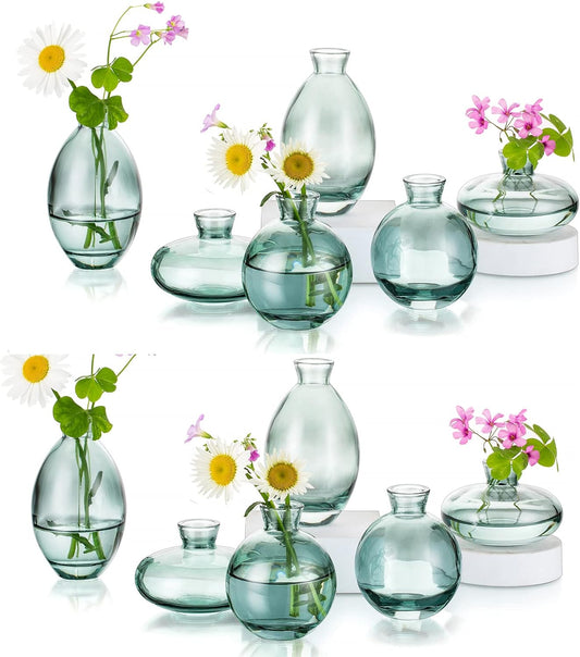 Glass Bud Vases Set of 12, Hewory Cute Green Small Vases Handmade, Mini Glass Flower Vase for Floral Arrangement, Tiny Centerpiece for Home Office Wedding Party Events Table Decor (Not Include Flower)