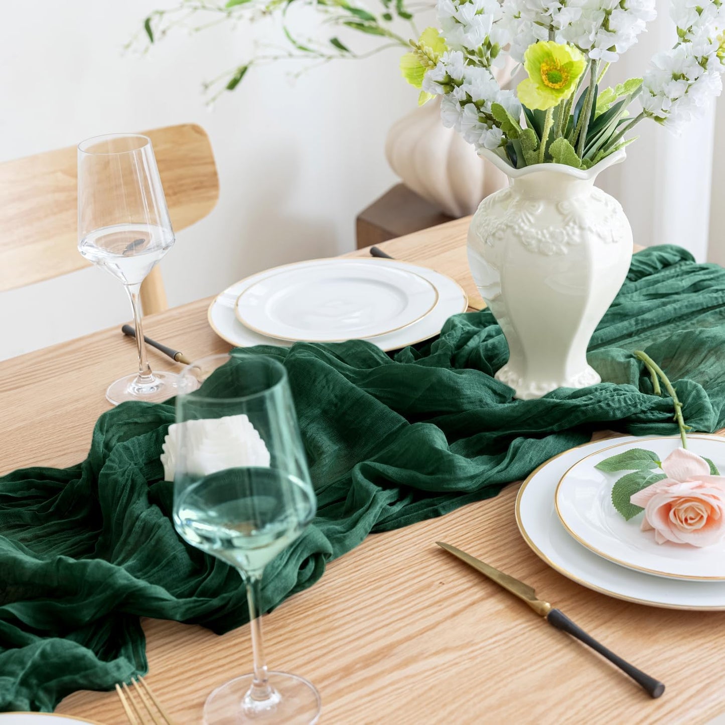 Asee'm 3PCS Table Runner Cheesecloth 10FT Emerald Green Boho Gauze Fabric Rustic Sheer Cheese Cloth Runners for Wedding Bridal Shower Party Spring Easter Decoration