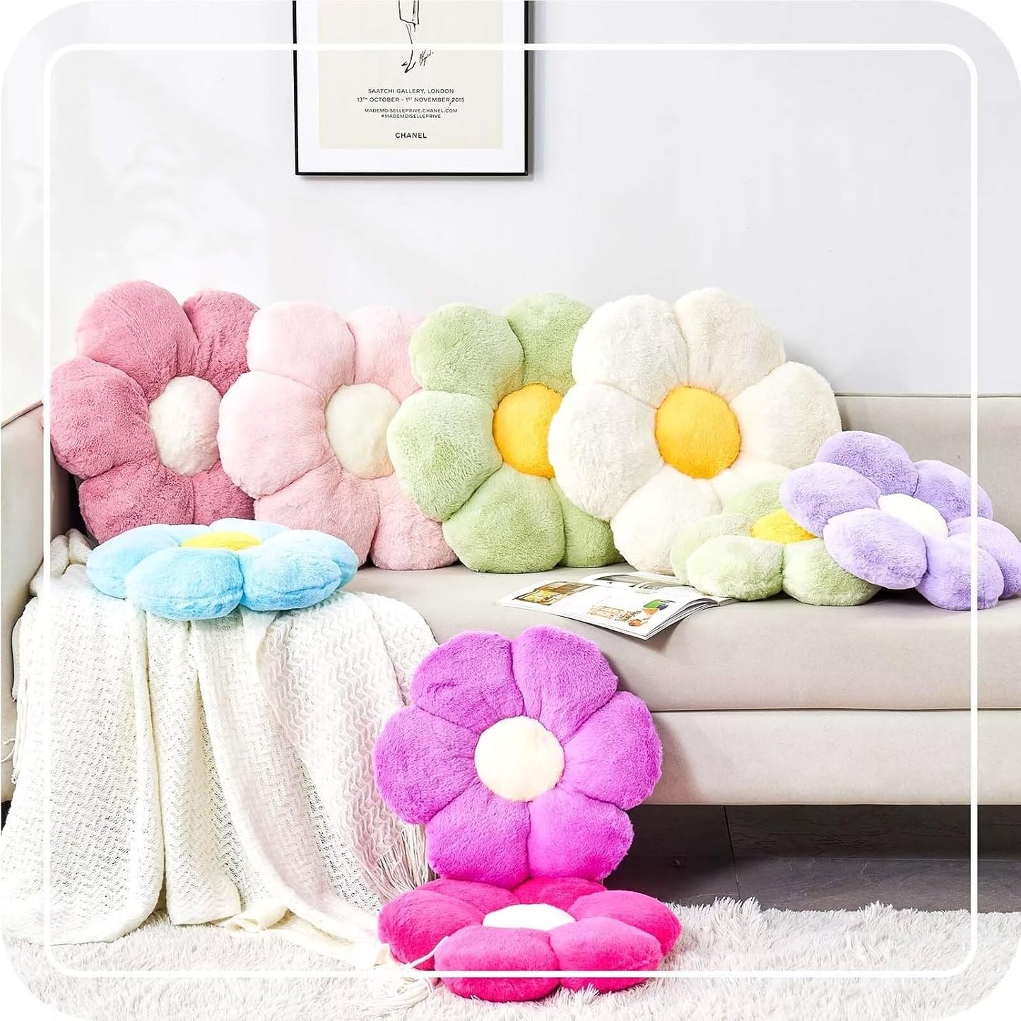 Purple Flower Plush Throw Pillow, Cute Decorative Flower Shaped with Faux Rabbit Fur, 19.6" Soft Throw Pillow for Bedroom Living Room