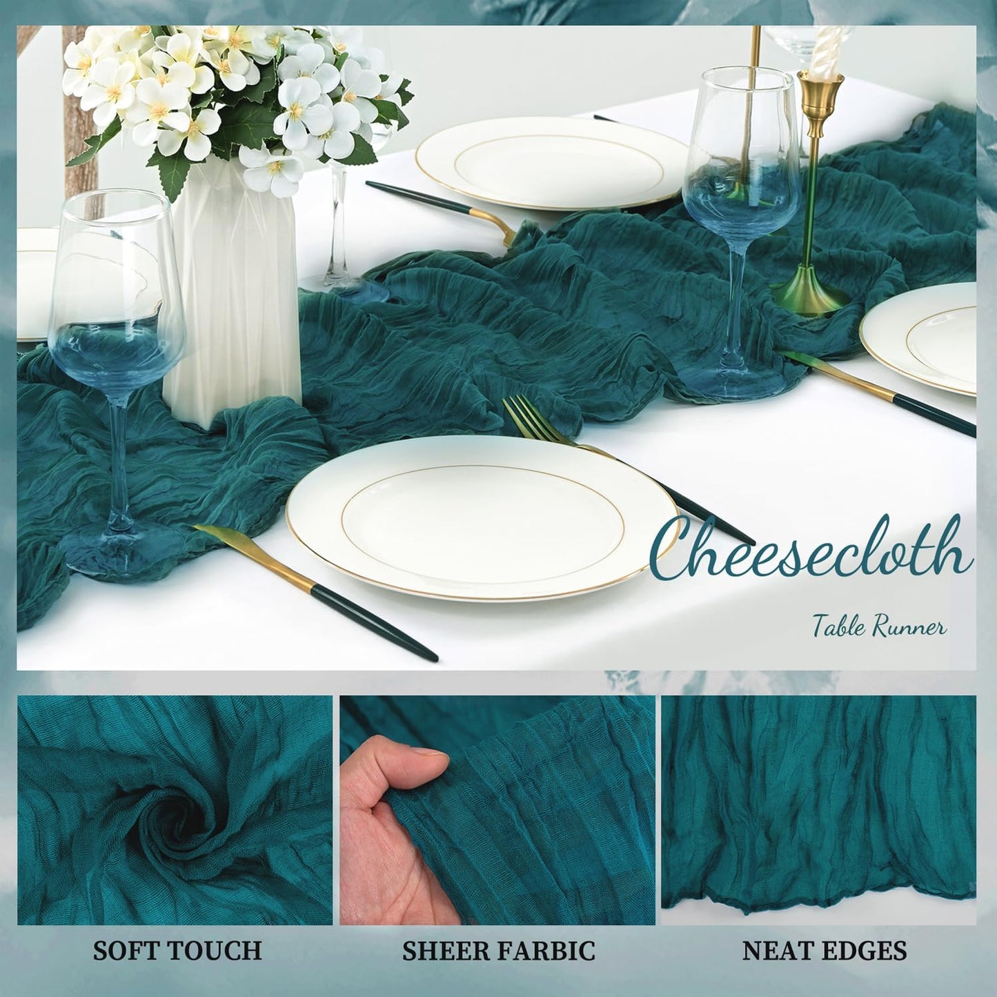 20 Pack Teal 10FT Cheesecloth Table Runner Rustic Gauze Cheese Cloth Table Runner for Wedding Bridal Baby Shower Table Decorations Boho Fabric Sheer Birthday Party Table Decor 20 x 120 Inch Long
