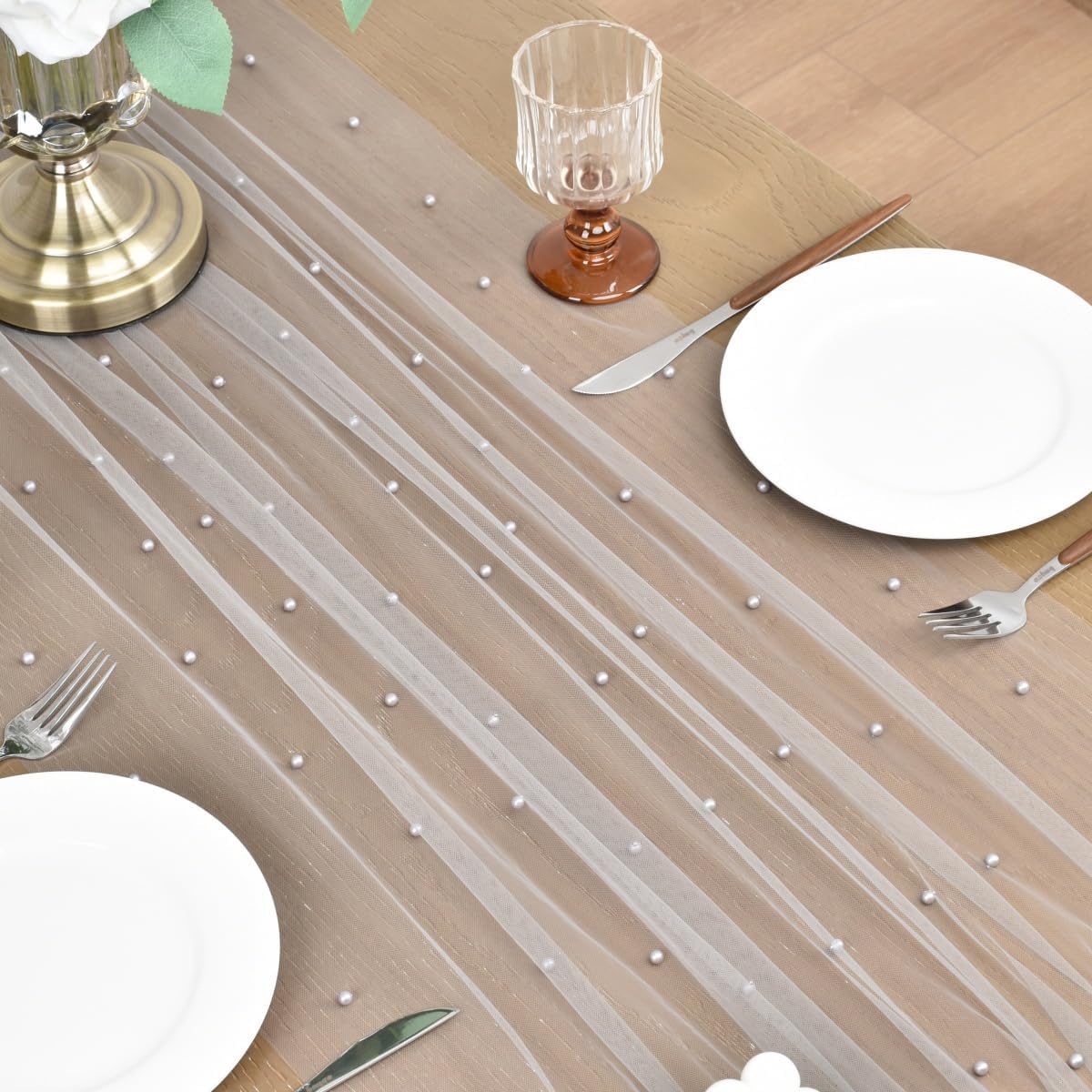 Joanlody Fall Pearl Table Runner 10ft Rustic Boho Tulle Table Runner with Pearls for Baby Shower Wedding Party Veil Dessert Thanksgiving Table Decor Gray 4pcs