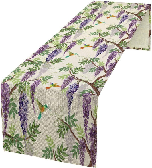 Vintage Bird Flower Table Runner Seasonal Spring Purple Wisteria Garden Plants Lavender Florals Farmhouse Country Kitchen Dinner Runner Dining Table Decoration for Home Party Holiday 13"x36"