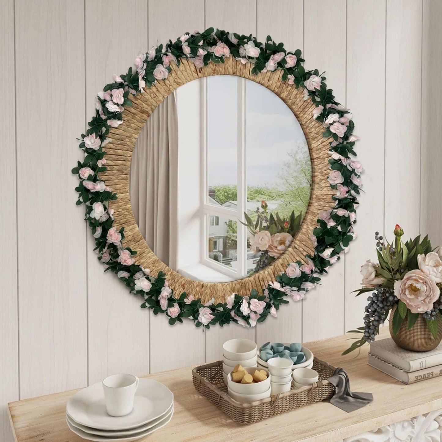 16Pcs 126Ft Light Pink Rose Garland, Fake Rose Hanging Flowers, Artificial Flower Vine, Hanging Floral Vine Garland for Wedding, Birthday Party, Wall Arch, Halloween, Christmas Garden Backdrop Decor