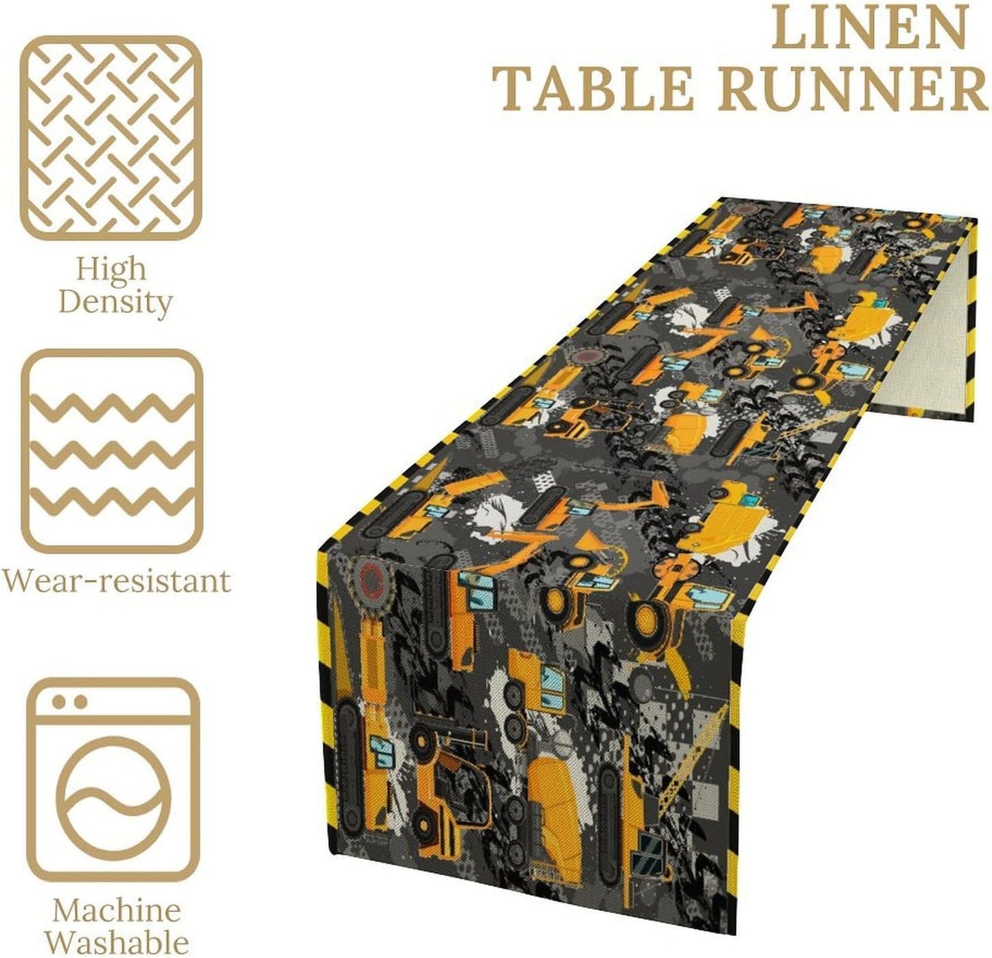 Cartoon Car Table Runner,Boy Kids Construction Yellow Tractor Excavator Tablecloth Burlap for Hotel Indoors Outdoor Dining Room Kitchen Home Decor,W13X L70 in