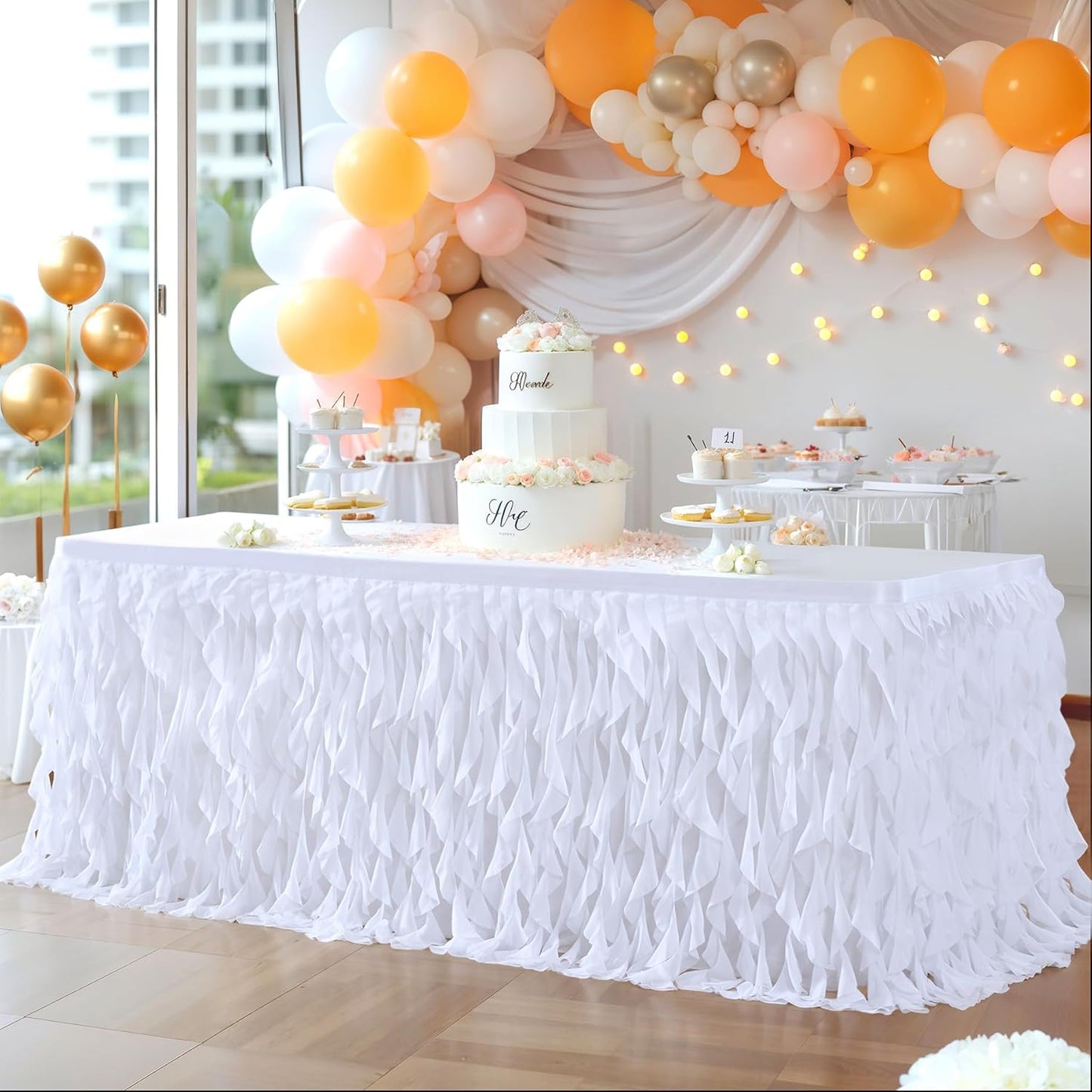 Partisky White Tulle Curly Willow Table Skirt for Rectangle Table 17ft, Ruffle Tutu Table Cloth for Wedding,Bridal Shower, Baby Shower,Birthday Party