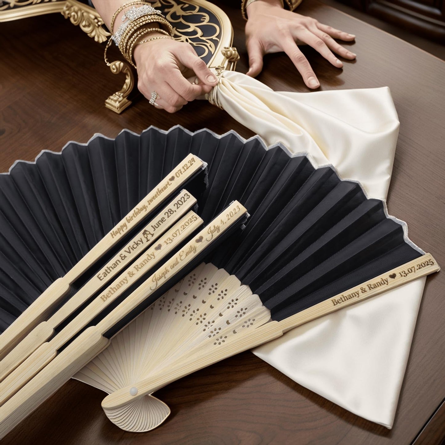 100Pcs Personalized Silk Fans Folding Hand Fan, Custom Wedding Bridal Party Favors, Summer Wedding Bride, Wedding Gift, Thank You Gift (Black)