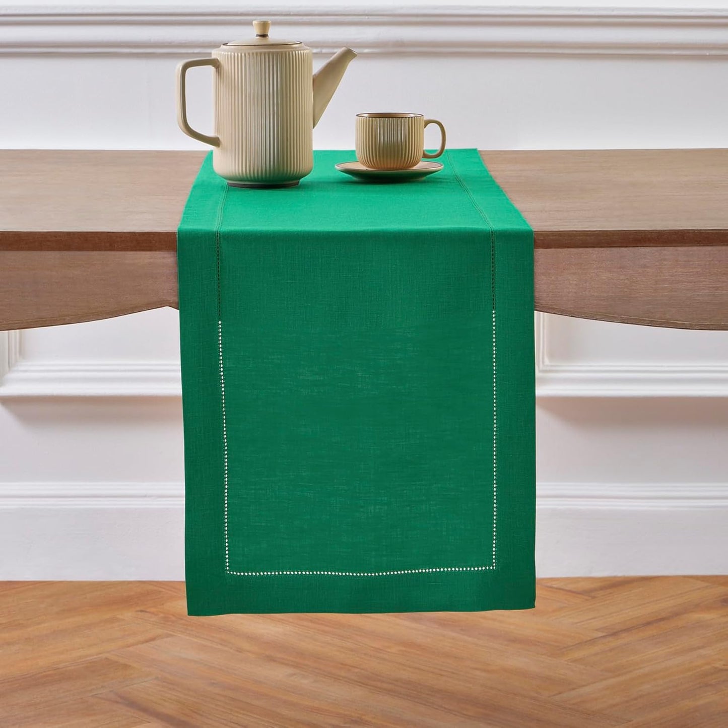 Solino Home Linen Emerald Green Table Runner 72 Inches Long - 100% Pure Linen Hemstitch Table Runner 14 x 72 Inch for Dresser, Dining, Christmas - Classic Hemstitch
