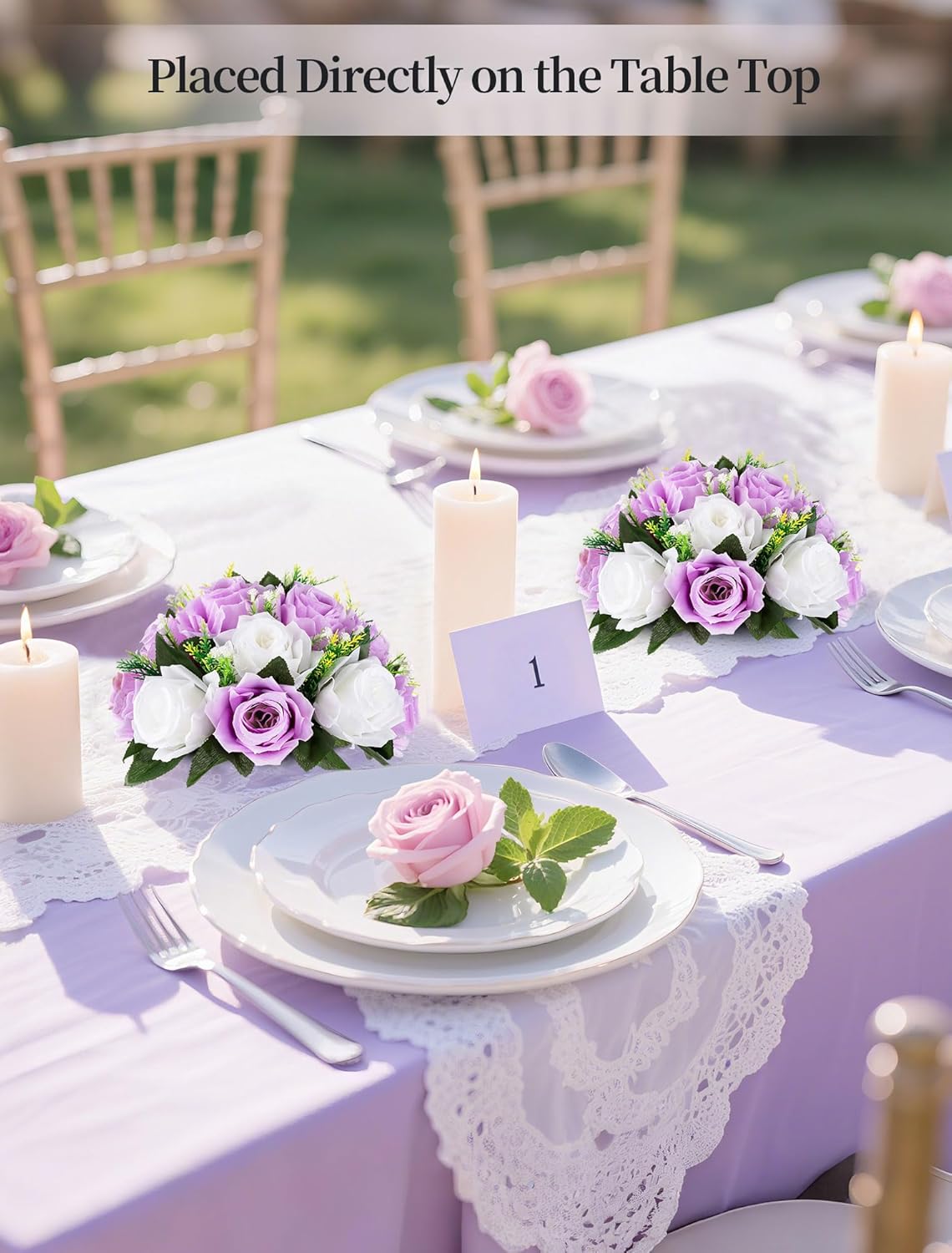 BLOSMON Lilac Purple Flowers Artificial: 2 Pcs Fake Roses Flower Balls Centerpiece for Wedding Table Decoration- Artificial Silk Kissing Bouquet Floral Arrangement for Home Party Event Decor