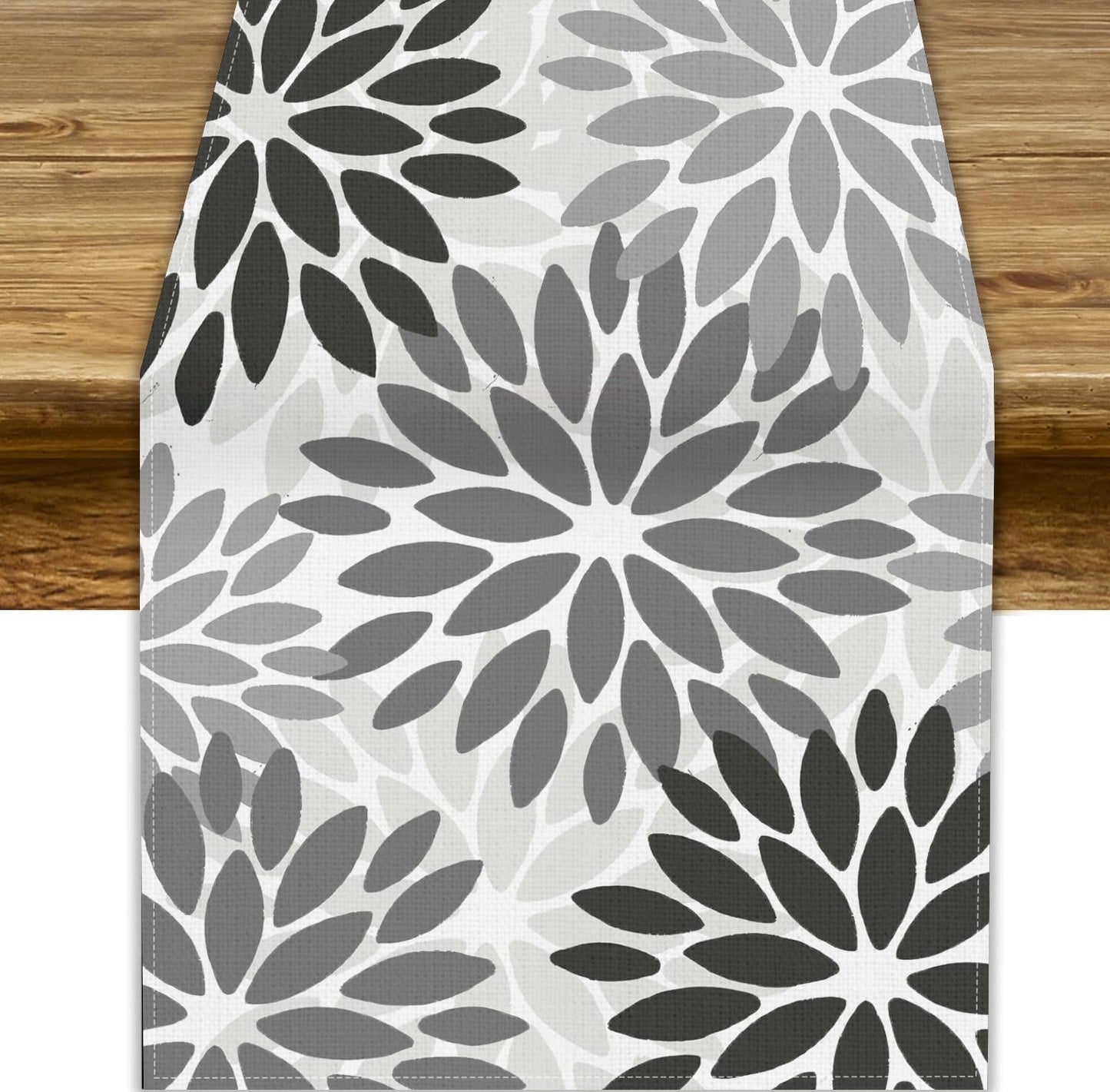 Gray Dahlia Flower Table Runner, Vintage Modern Linen Geometric Pattern Floral Table Runner Spring for Farmhouse Kitchen Dining Party Holiday Party, 13x70 Inch
