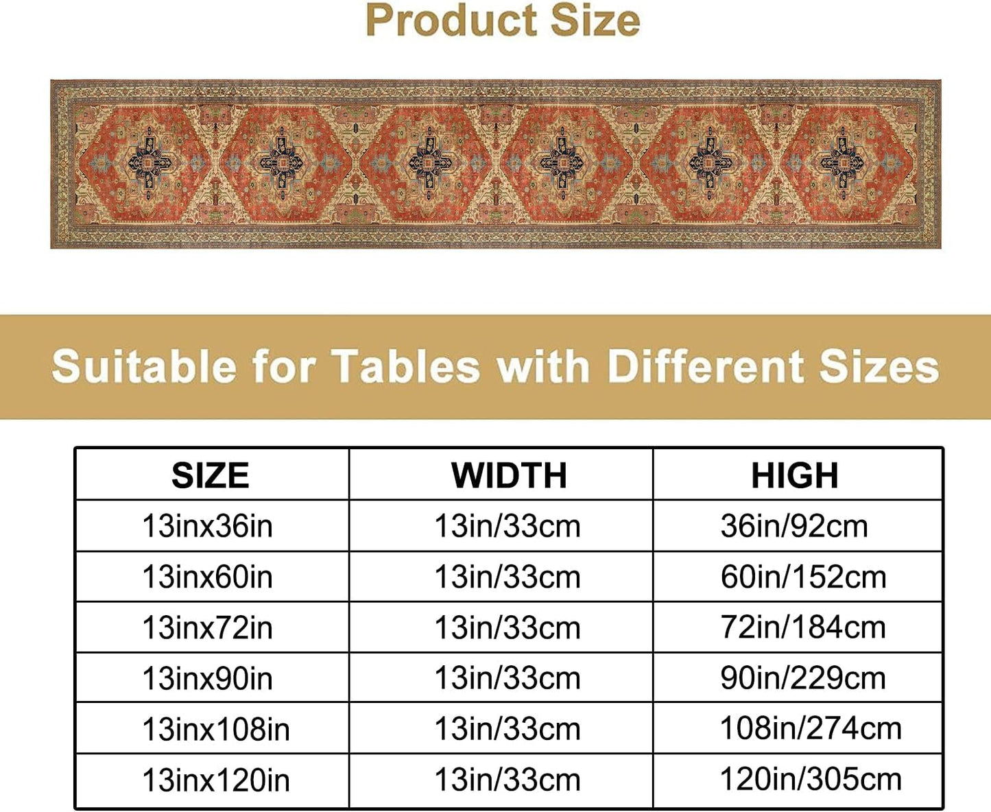 Vintage Boho Floral Table Runner, Rustic Country Farmhouse Orange Yellow Grey Retro Flower Pattern for Home Kitchen Table Decor Dining Coffee Room Party Decor 13x108in