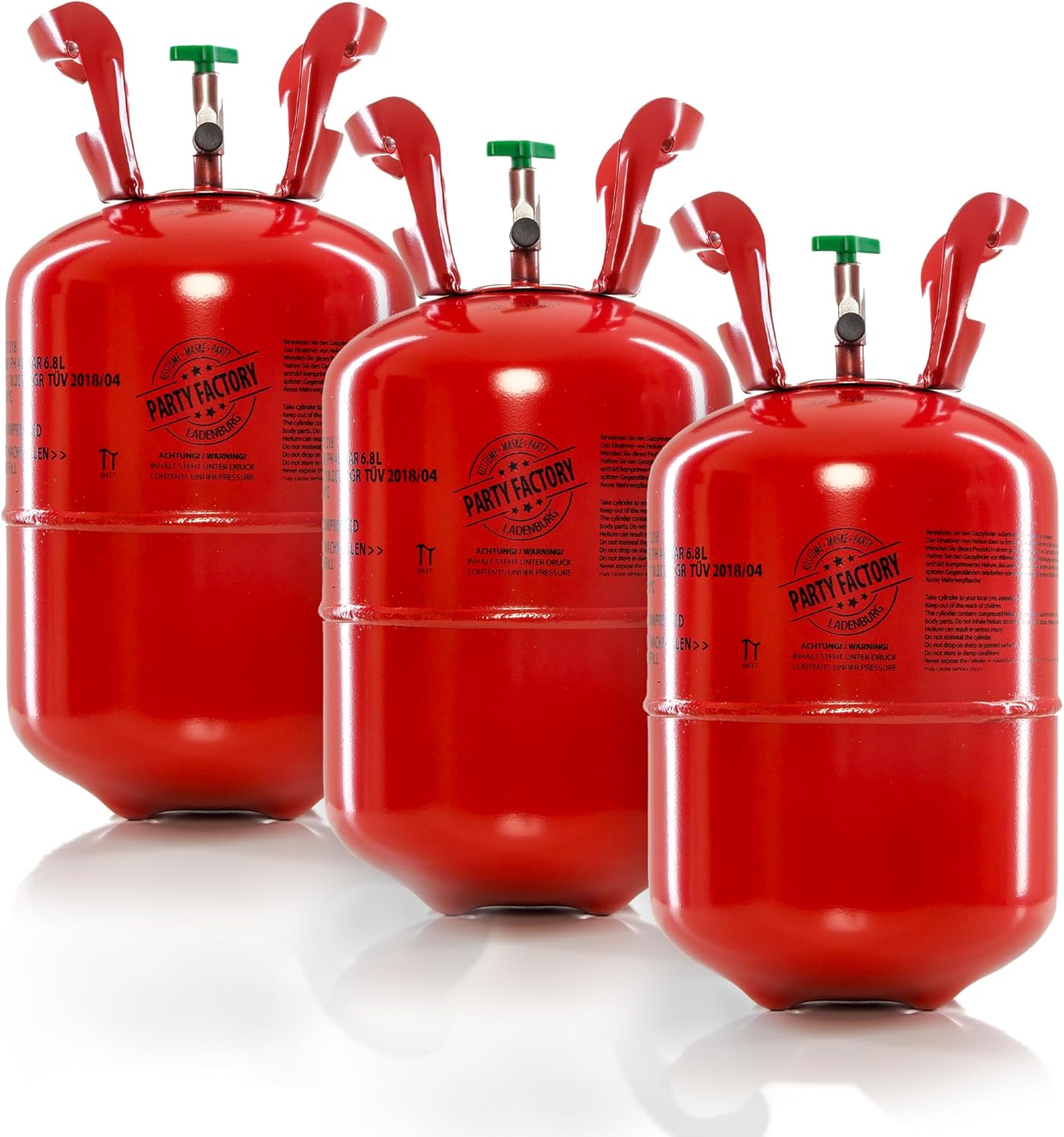 Party Factory set of 3 helium tanks for up to 50 balloons each, 3 helium cylinders with 14.1 cu. ft. gas each for party latex-, foil balloons