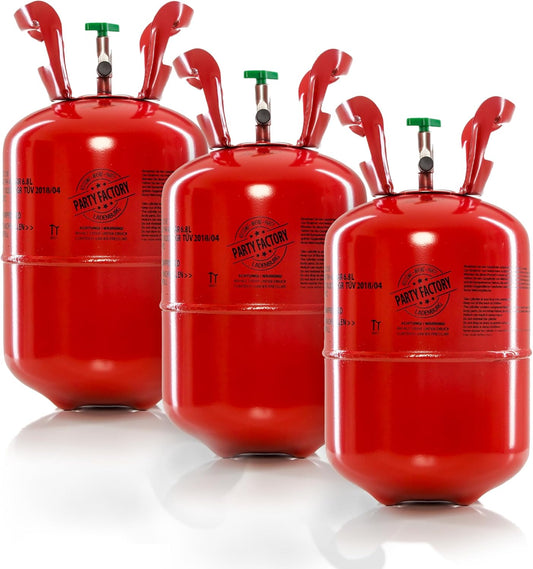 Party Factory set of 3 helium tanks for up to 50 balloons each, 3 helium cylinders with 14.1 cu. ft. gas each for party latex-, foil balloons