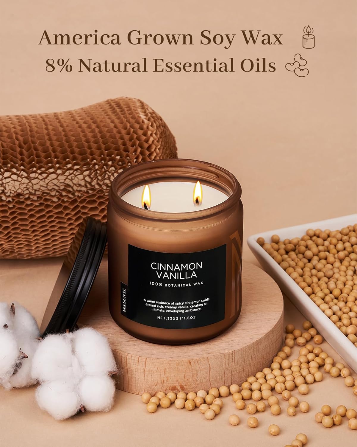 M&SENSE Cinnamon Vanilla Fall Scented Candles for Home, Natural Soy Wax 11.6oz 70 Hours Large Long Lasting Strong Scented Classic 2 Wicks Jar Candle Gift for Housewarming