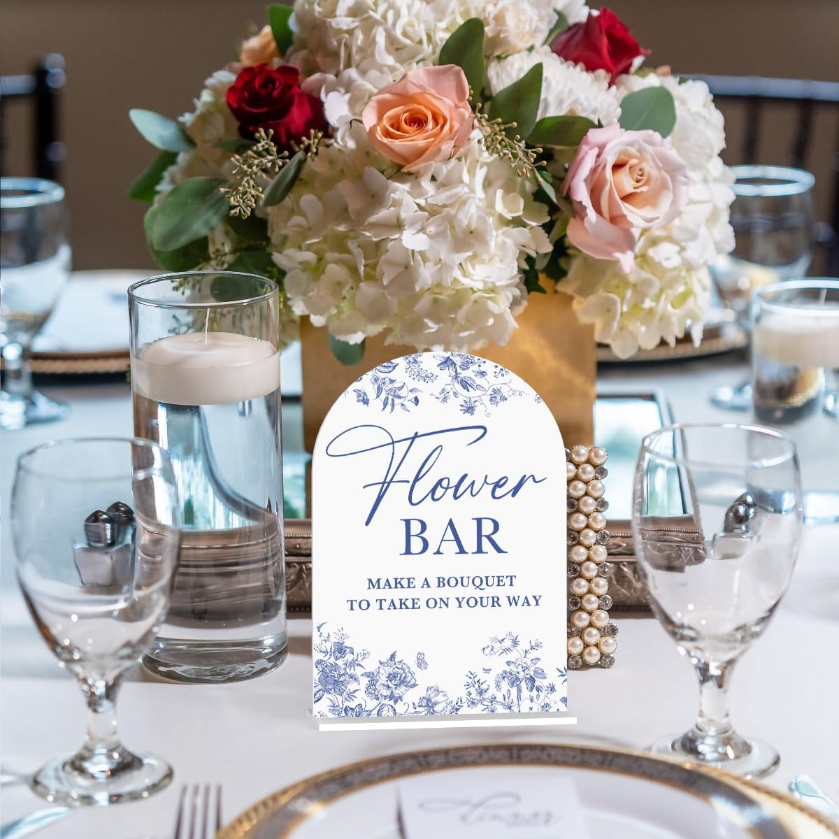 Acrylic Wedding Signs, Dusty Blue Wedding Decor, Flower Bar Desk Decor, Flower Bar Signs for Reception, Modern Calligraphy Arch Acrylic Table Top Sign for Weddings Parties Dinners (White)