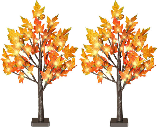 24 Inch Fall Lighted Maple Tree, 2FT Fall Tree with 36 LEDs, 6 Acorns, Timer Battery Operated, Thanksgiving Decorations Table Lights Tree for Autumn Wedding Party Gift Harvest Home