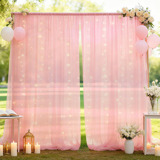 10×10ft Tulle Backdrop Curtains with Lights String - 300LED Fairy Lights Sheer Curtain Backdrop for Weddings Baby Shower and Birthday Party Decorations(6 Panels 5×10ft)