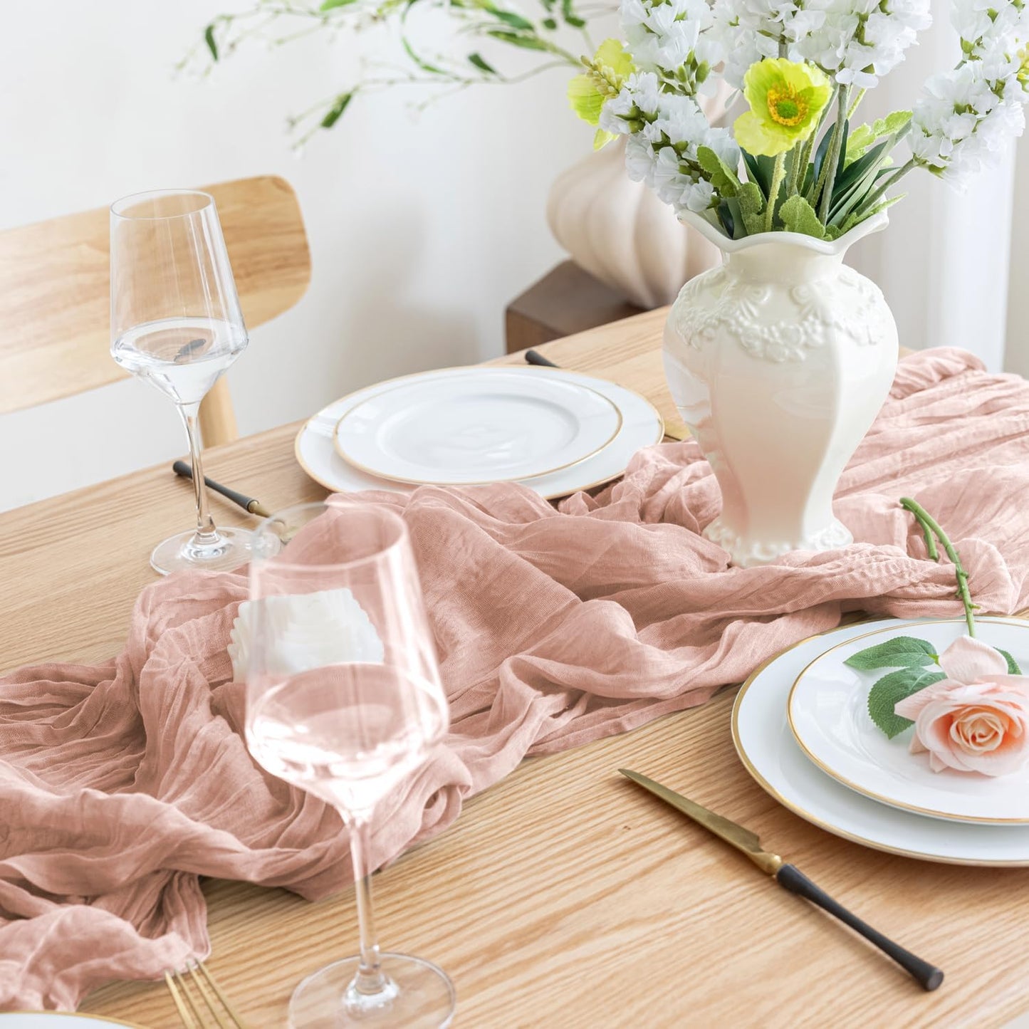 Asee'm 12pcs Cheesecloth Table Runner 120 Inches Dusty Pink Boho Gauze Cheese Cloth Runner 10FT Rustic Sheer Table Runners for Summer Wedding Baby Shower Holiday Party Decoration