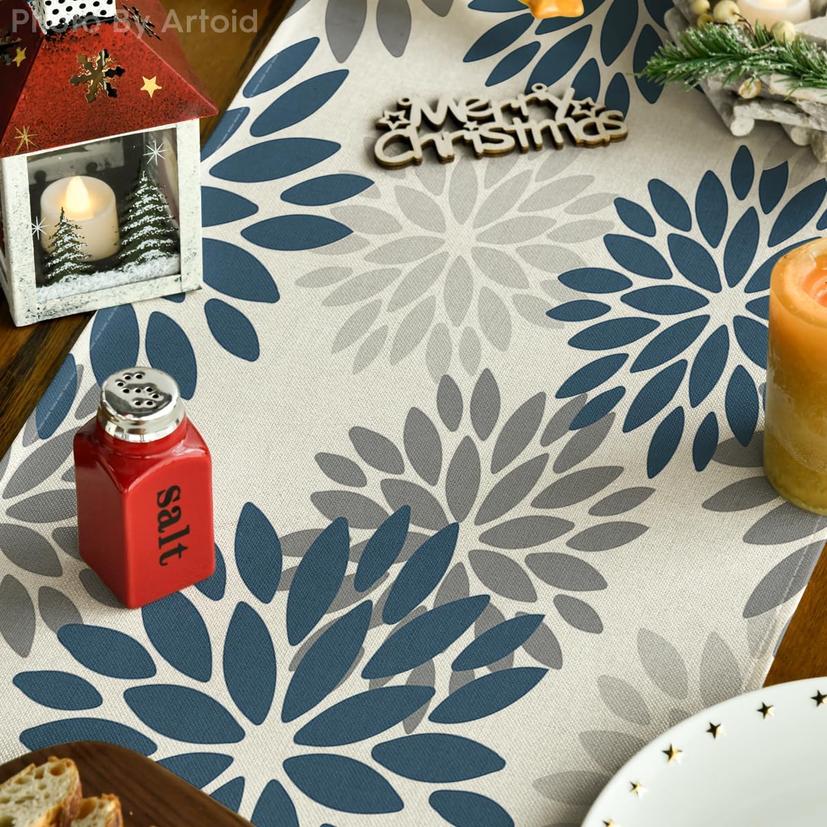 Artoid Mode Dahlia Aqua Floral Pinnata Flower Winter Table Runner, Seasonal Summer Holiday Kitchen Dining Table Decoration for Home Party Decor 13x36 Inch