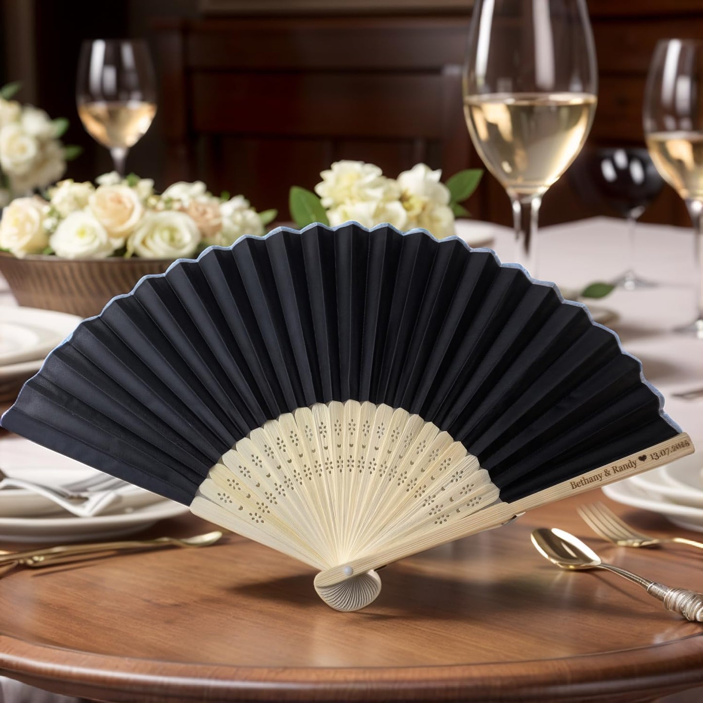 100Pcs Personalized Silk Fans Folding Hand Fan, Custom Wedding Bridal Party Favors, Summer Wedding Bride, Wedding Gift, Thank You Gift (Black)