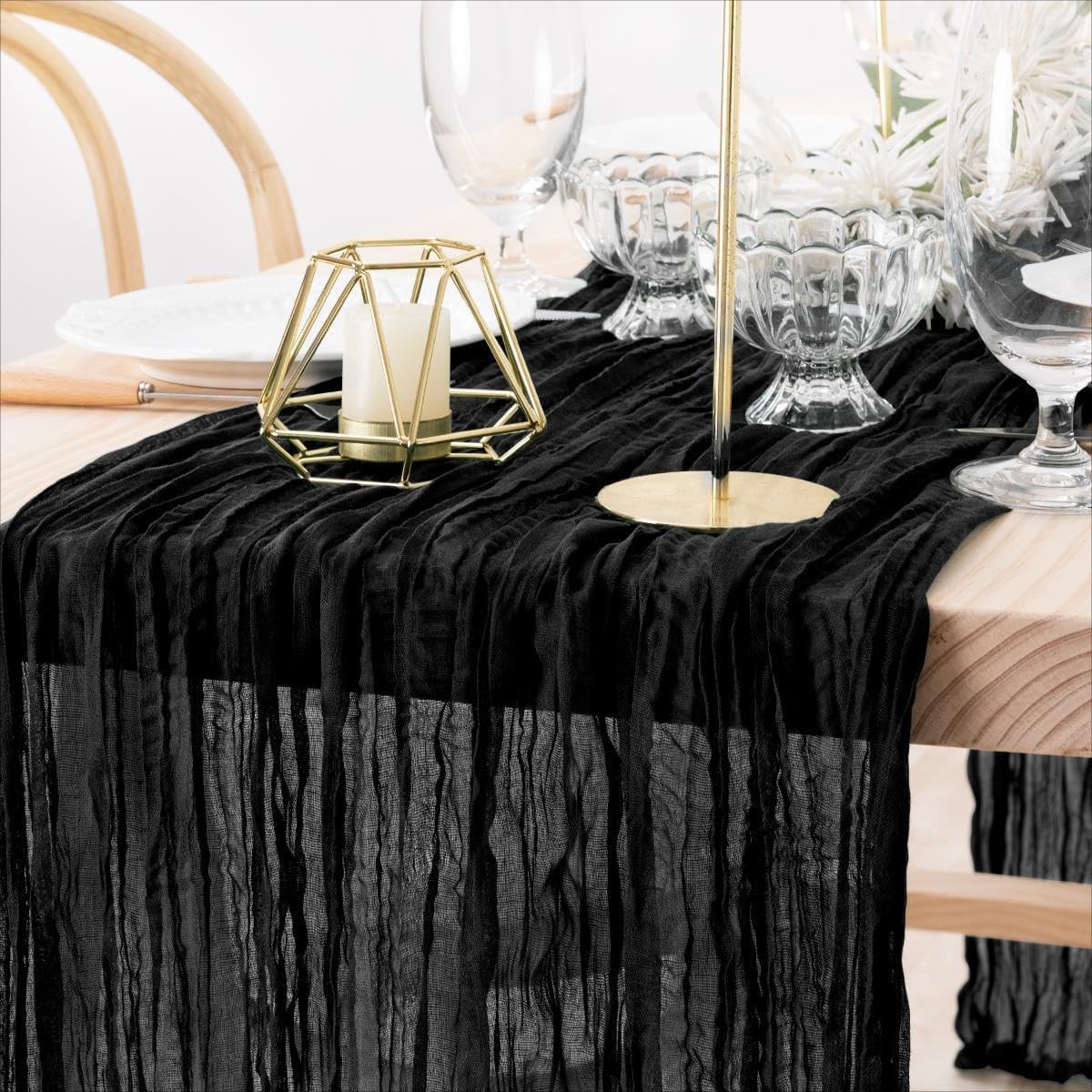 MLMW 10 Pack Halloween Table Runner Cheesecloth Black Boho Gauze Cheese Cloth 160 inch Rustic Sheer Table Runner 13.3ft for Party Wedding Baby Bridal Shower Birthday