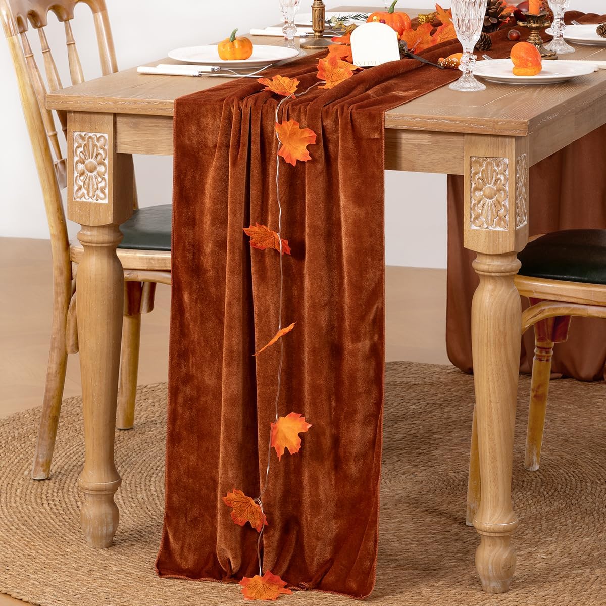 MLMC 2 Pack Terracotta Fall Thanksgiving Table Runner 10ft Luxury Burnt Orange Velvet Table Runner Fall Table Centerpiece 20x120 Inches for Wedding Bridal Shower Birthday Party Home Decor