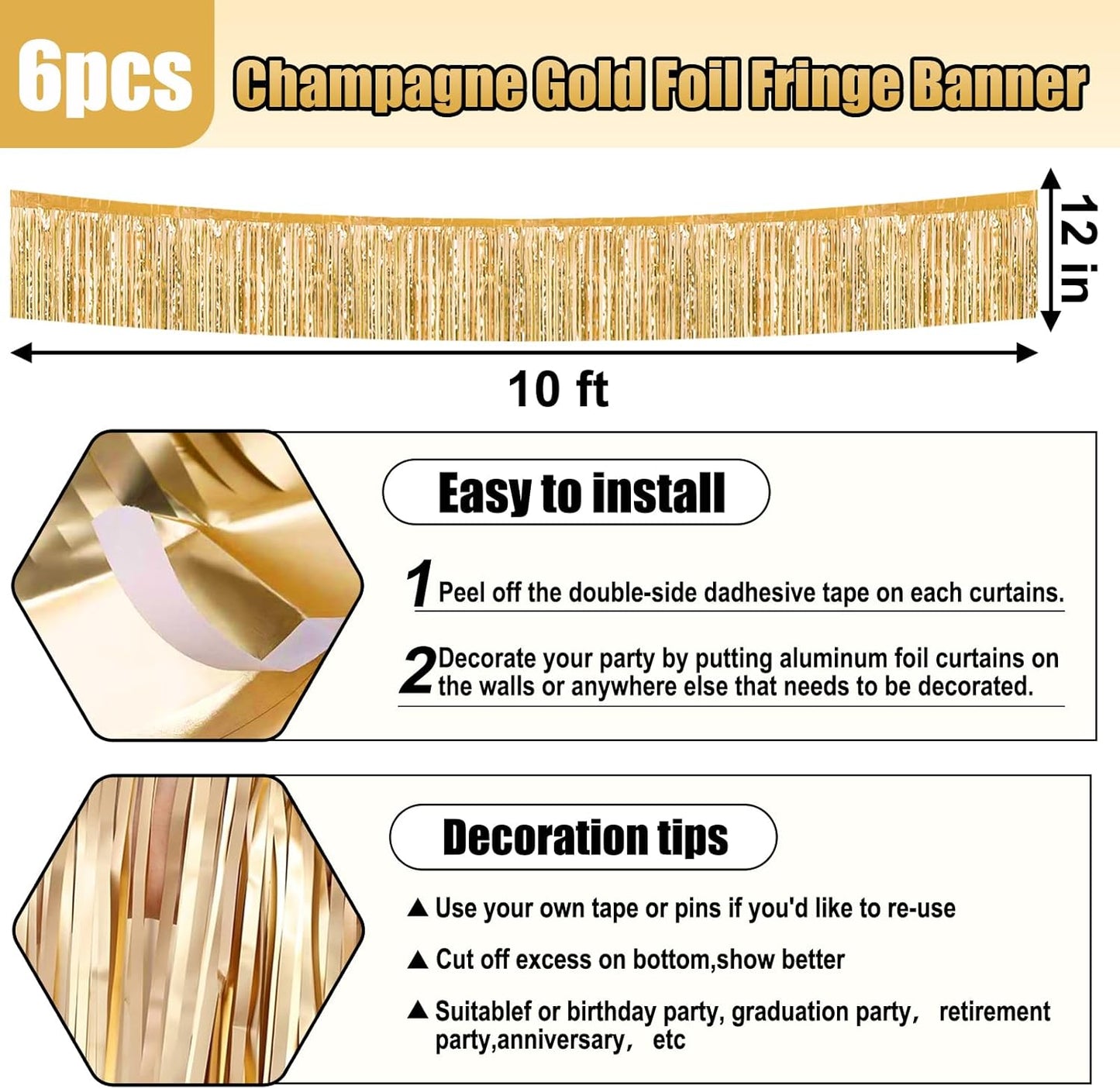 6 Pack 10 Feet Champagne Gold Foil Fringe Garland Metallic Tinsel Streamers Banner Wall Hanging Curtain Backdrop for Parade Floats, Birthday, Graduate, Mother's Day, Wedding Party Decoration