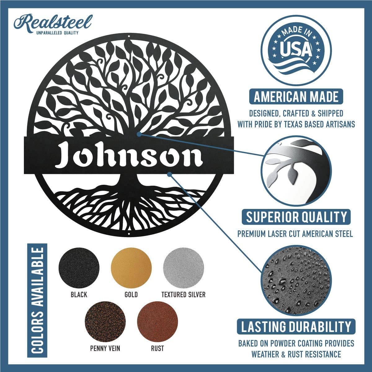 RealSteel Personalized Metal Wall Art - Custom Tree of Life Design with Family Name - Circular Metal Sign - Personalized Wedding, Anniversary, or Housewarming Gift