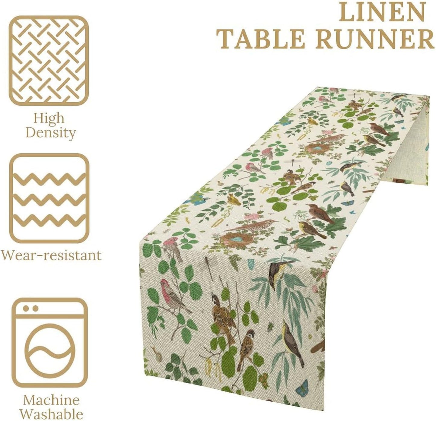 Vintage Bird Flower Table Runner Seasonal Spring Summer Garden Plants Farmhouse Country Kitchen Dining Table Decoration for Home Party Holiday 13"x90"