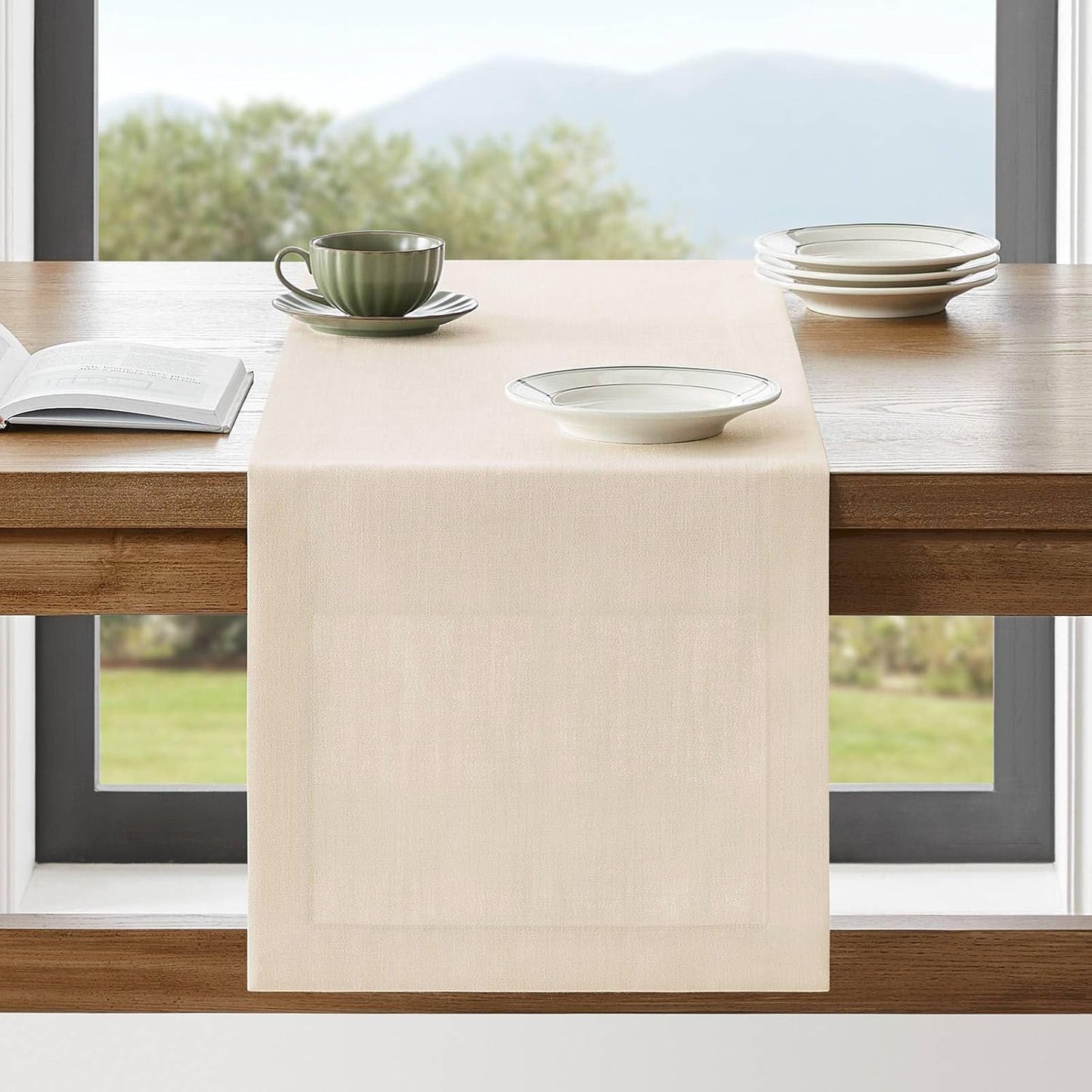 ZeeMart Linen Textured Border Table Runner, 14 x 108 Inch Cream, Farmhouse Style Cream Table Runners 108 Inches Long, Easy Care Everyday Polyester Table Runner