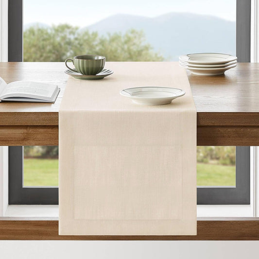 ZeeMart Linen Textured Border Table Runner, 14 x 72 Inch Cream, Farmhouse Style Cream Table Runners 72 Inches Long, Easy Care Everyday Polyester Table Runner
