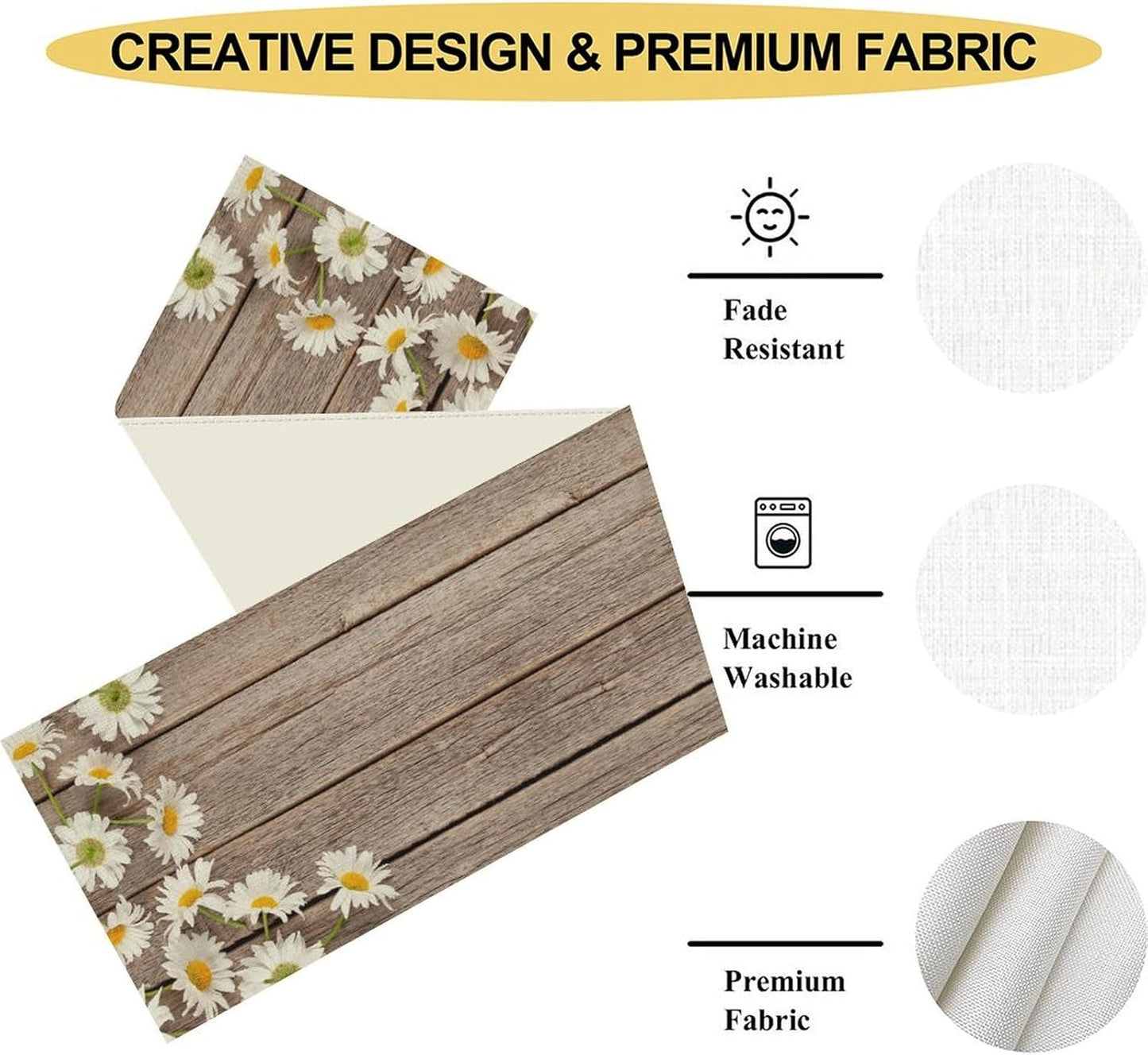 Daisy Table Runner, Spring Floral Seasonal Summer Yellow Flower Rustic Farmhouse Table Center Decor for Home Kitchen Dining Patio Holiday Party Indoor Outdoor Table Decorations, 13"x90" Inch