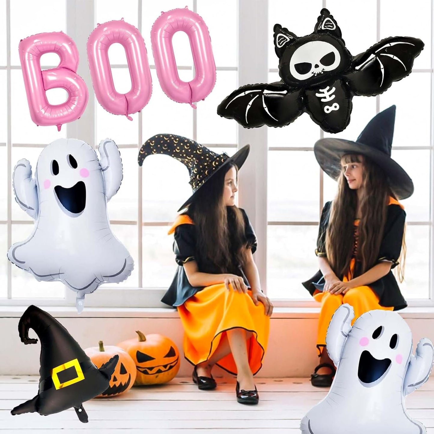 Halloween Balloons Decorations, Pink Boo Letter, Ghost, Bat, Wizard's Hat Foil Balloon for Halloween Party Decorations