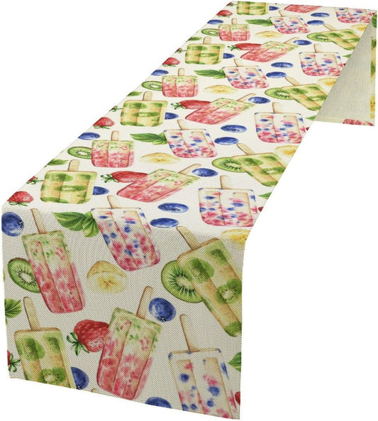 Ice Cream Table Runner, Watercolor Fruit Ice Popsicles Berry Kiwi Cold Summer Desserts Seasonal Dinner Runner for Party Holiday Home Kitchen Dining Table Decor 13"x108"