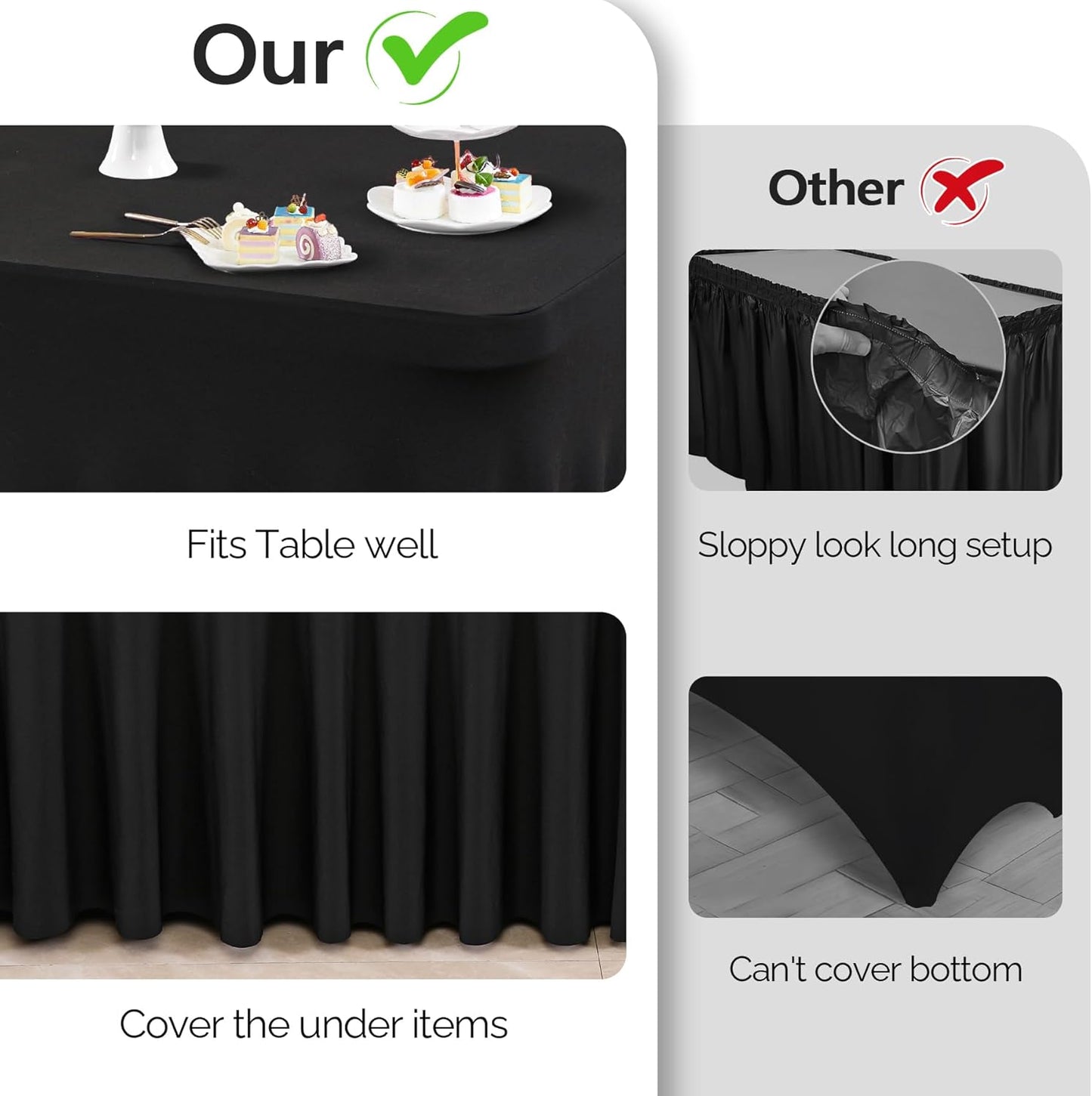 Wish Care 6 Pack Black Spandex Table Cloths for Rectangle Tables 4ft - One-Piece Wrinkle Free Fitted Table Cover 4 Foot Table Stretch Tablecloths for Party, Banquet, Wedding and Events