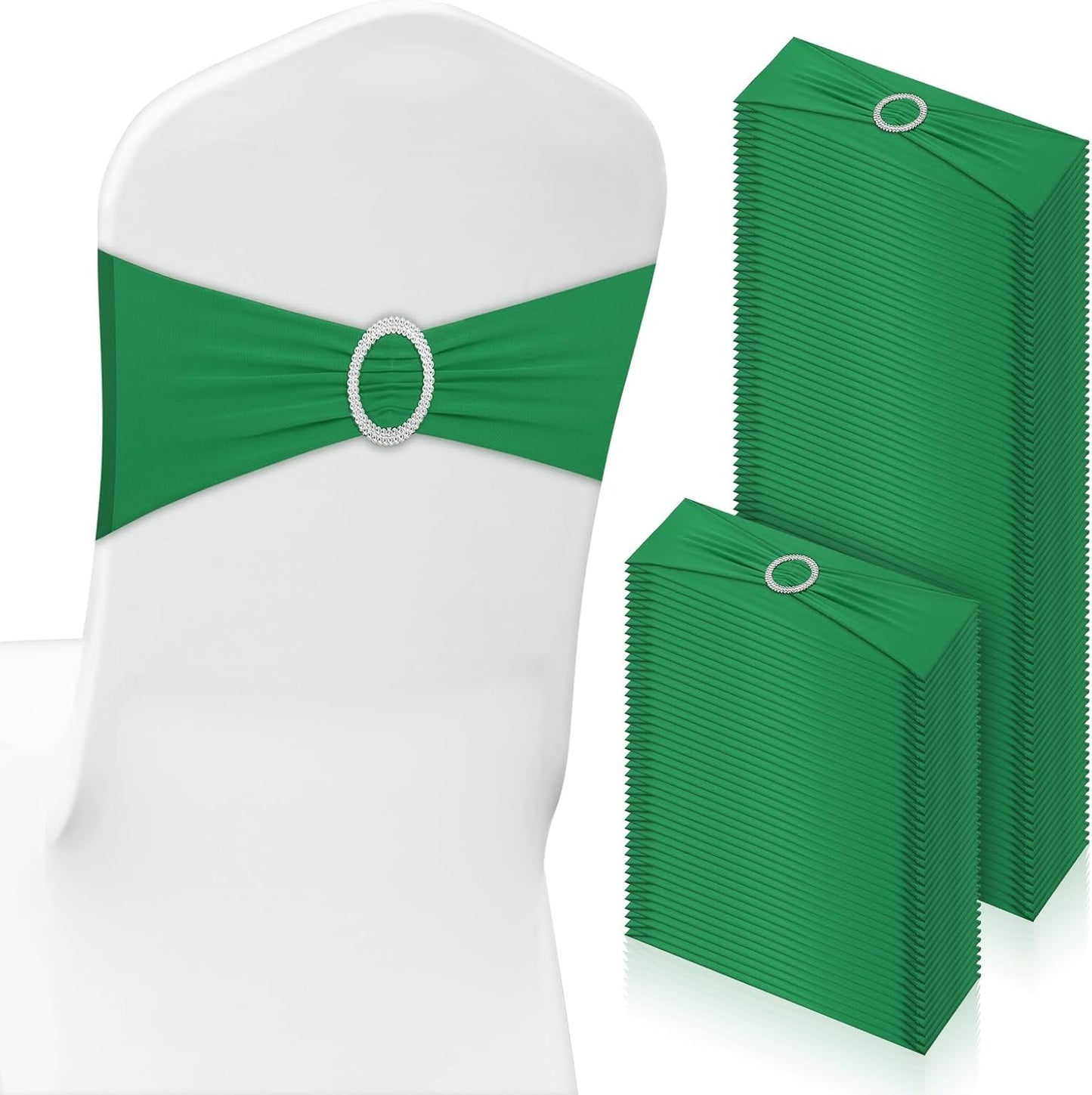 CHENGU 150 Pieces Spandex Stretch Chair Sashes Bows Elastic Chair Cover Bands Ties with Buckle Slider for Wedding Party Reception Events Universal Ceremony Banquet Decorations (Green)