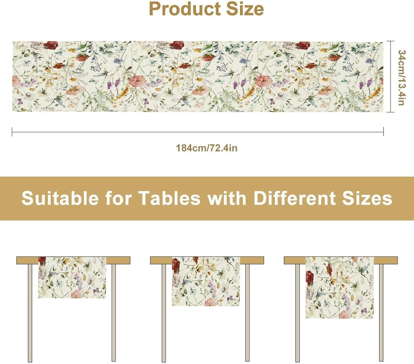 Floral Butterfly Table Runner,Rustic Colorful Flower Botanical Watercolor Pattern Print Burlap for Hotel Indoors Outdoor Dining Room Kitchen Holiday Party, 13x80in