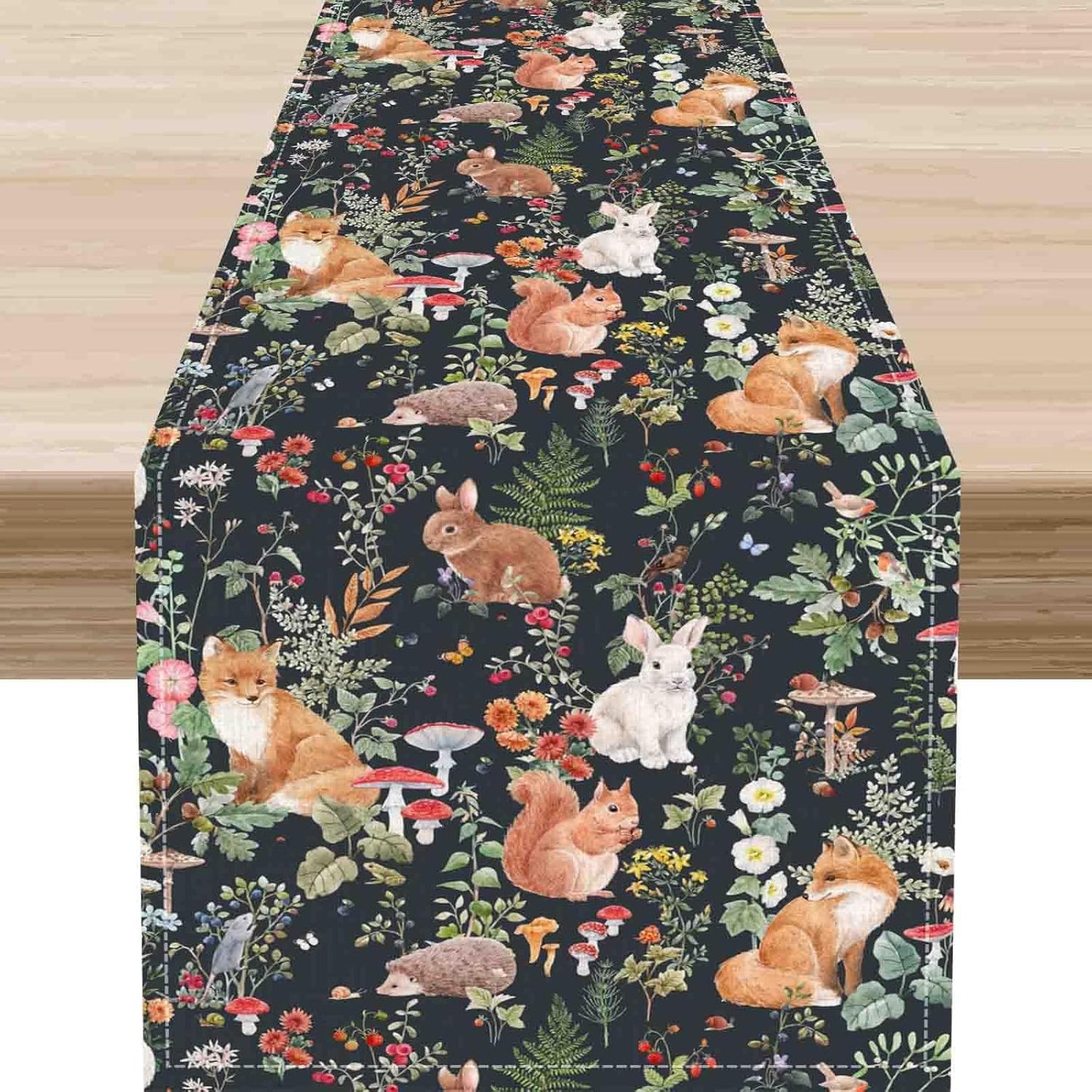 Rustic Forest Table Runner, Farmhouse Wild Woodland Animals Country Deer Fox Rabbits Watercolor Table Center Decor for Home Kitchen Dining Patio Holiday Party Outdoor Table Decorations, 13"x90" Inch