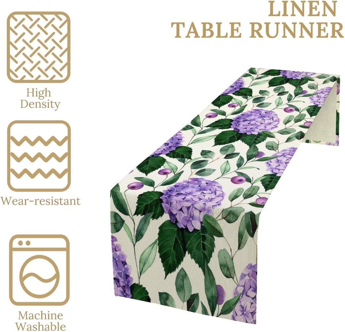 Spring Hydrangea Flower Table Runner, Seasonal Summer Plants Eucalyptus Leaves Purple Florals Dinner Runner for Home Kitchen Dining Table Party Holiday Decoration 13"x60"